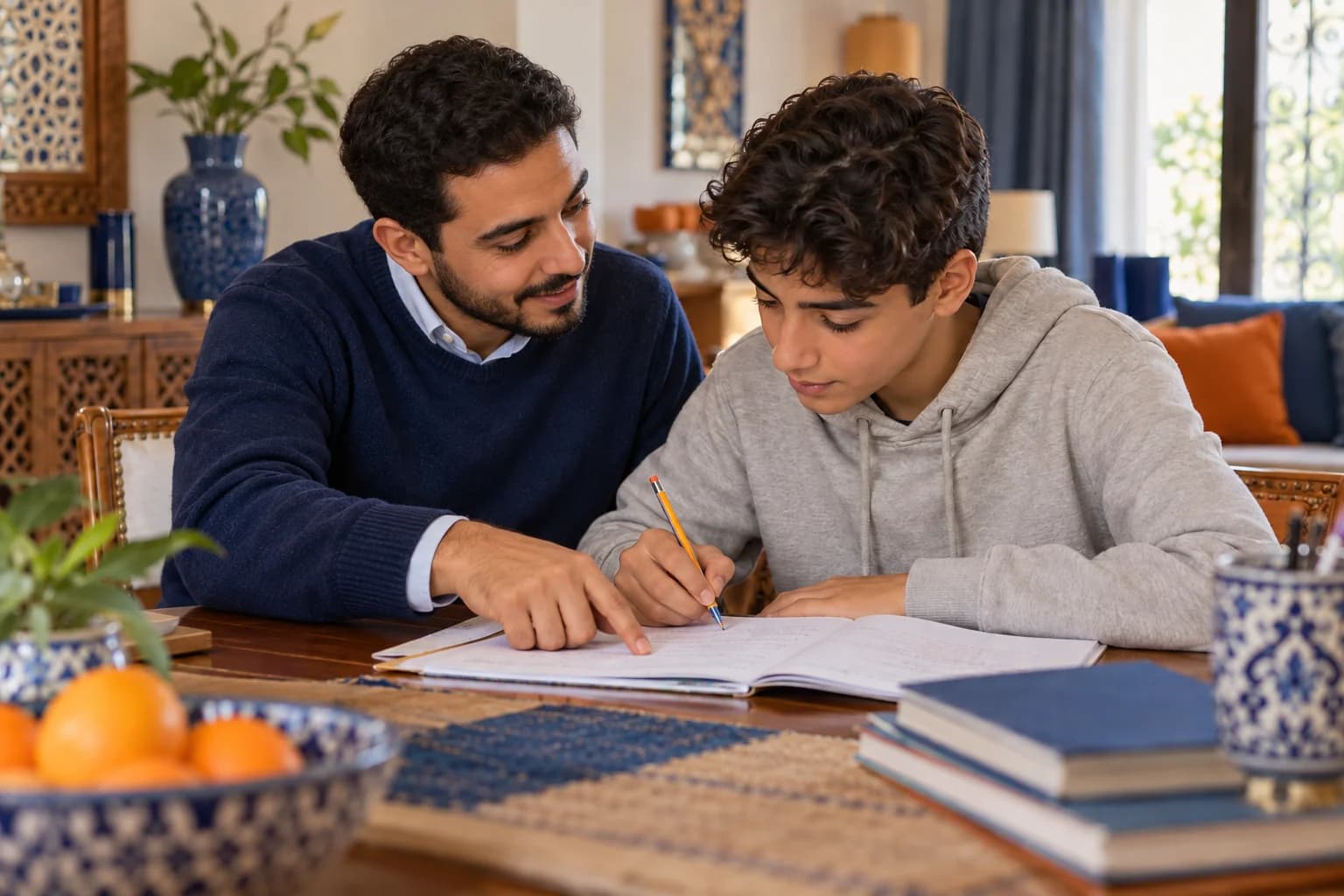في المنزل، أستاذ يساعد تلميذًا على العمل في دفتره.