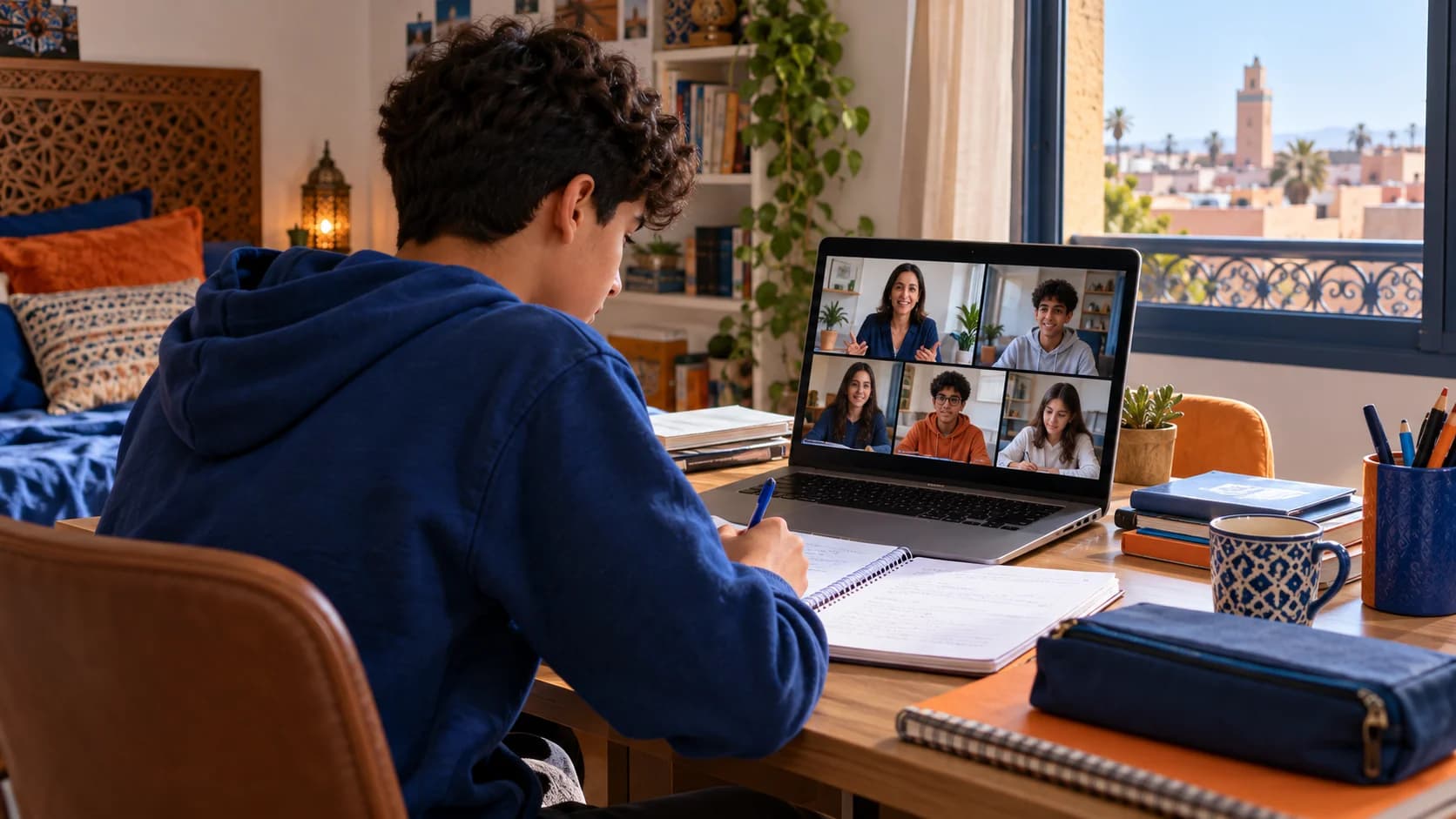 تلميذ يدوّن ملاحظاته خلال حصة جماعية، وتظهر الأستاذة وباقي التلاميذ على شاشة حاسوبه.