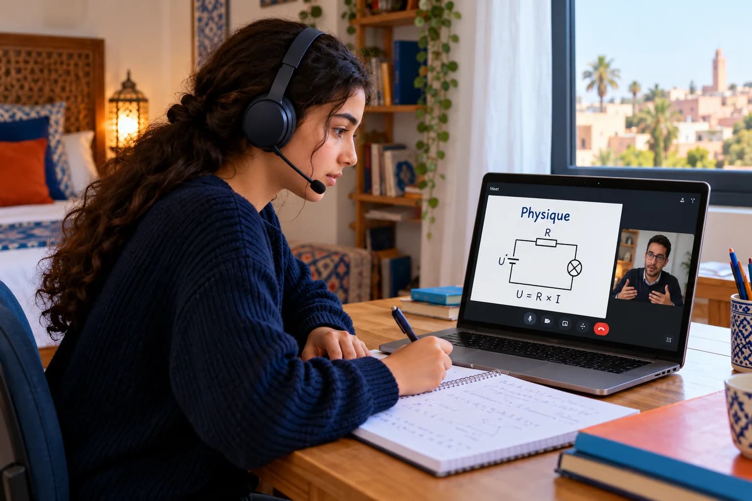 تلميذة تضع سماعة رأس وتتابع حصة فردية في الفيزياء عن بُعد: تعرض شاشة الحاسوب مخطط دارة كهربائية مشتركًا وفيديو الأستاذ.
