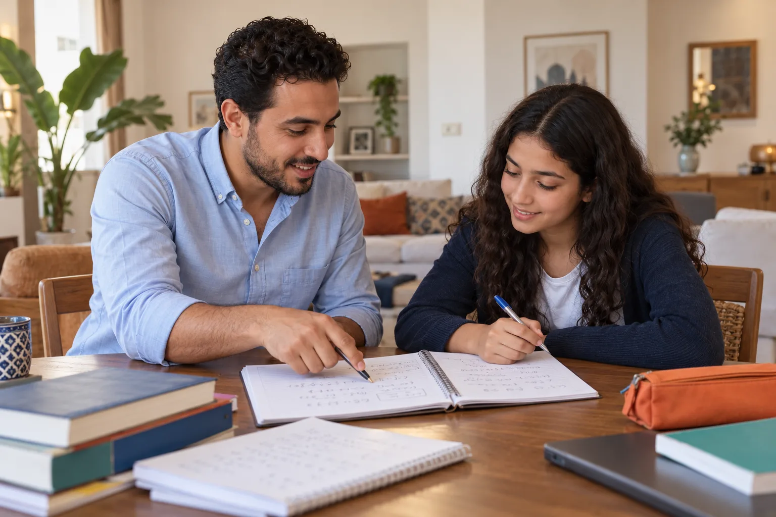 أستاذ يشير إلى تمرين في دفتر لتلميذة تجلس معه إلى الطاولة نفسها في المنزل.