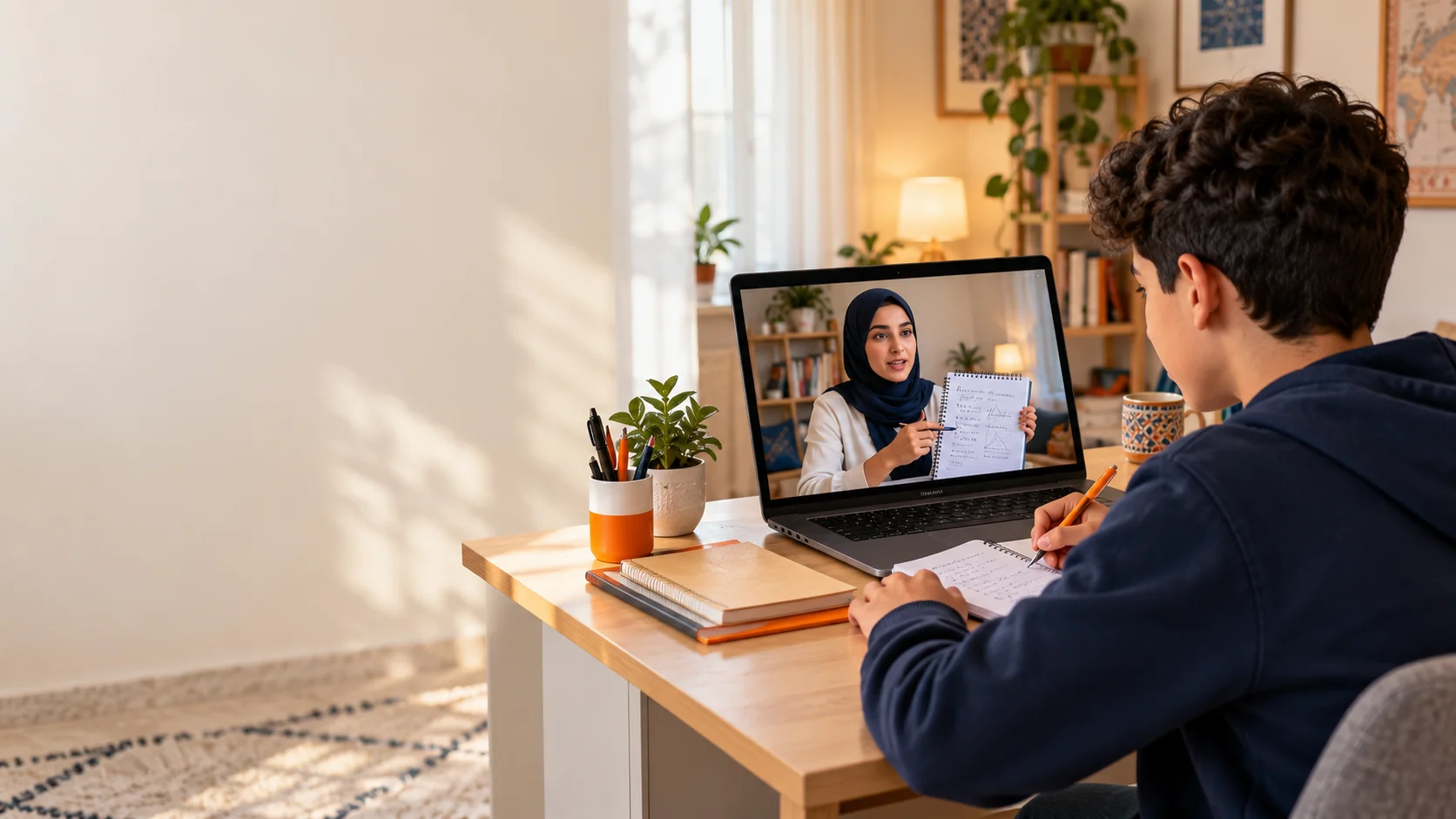 تلميذ يتابع شرح أستاذته على شاشة الحاسوب.